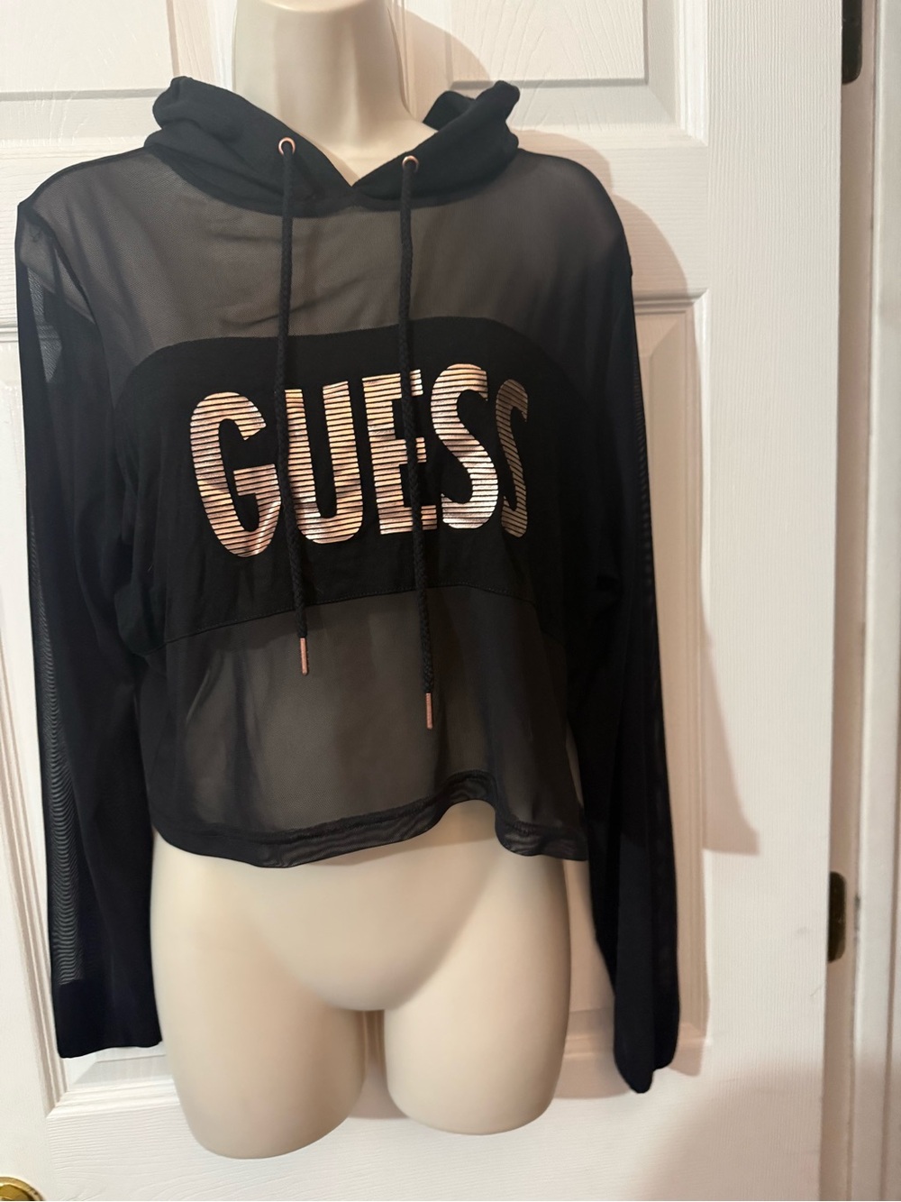 Guess Black Sheer Cropped Hoodie with Metallic Logo Detail